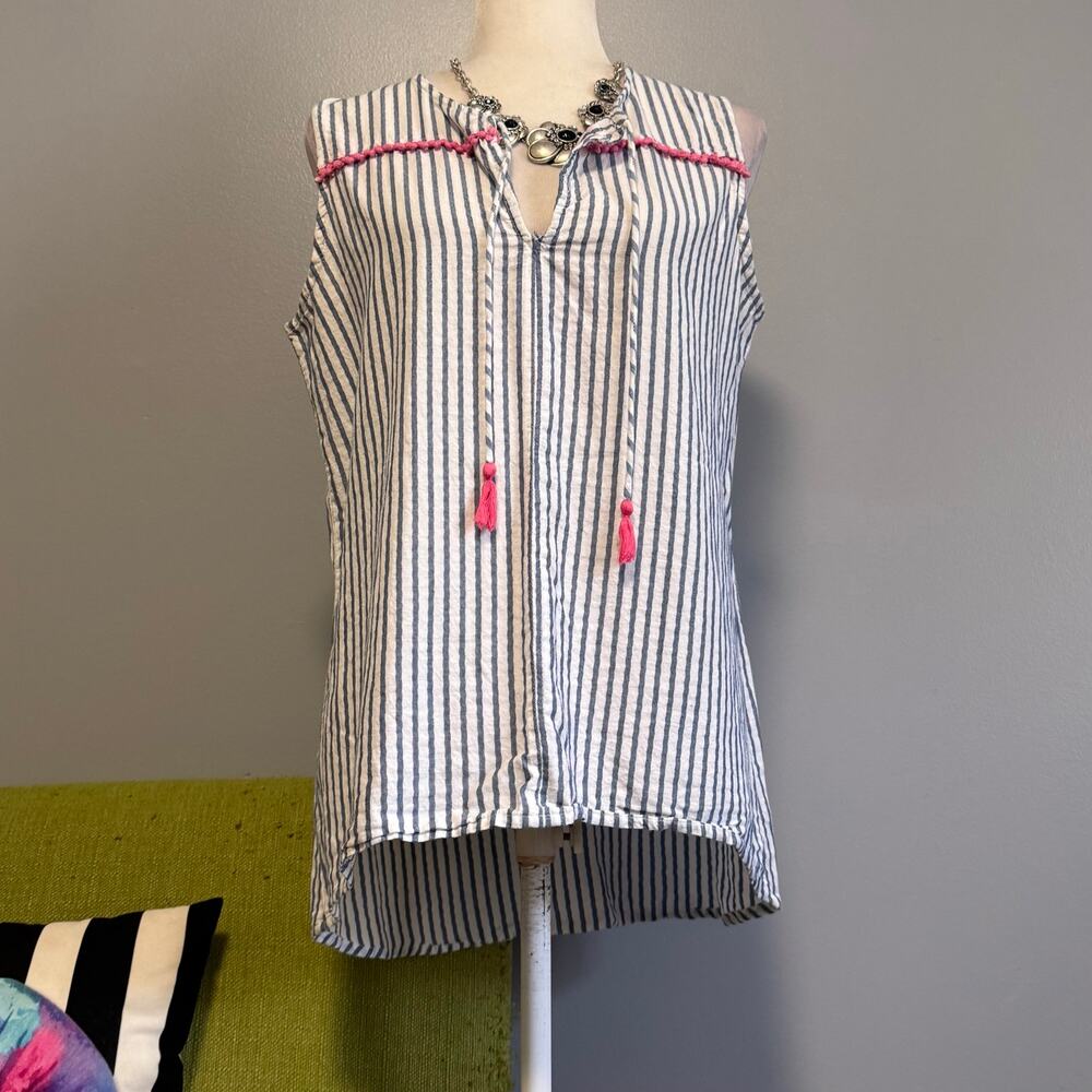 Fresh Produce Blue White Striped Cotton Sleeveless High Low Top